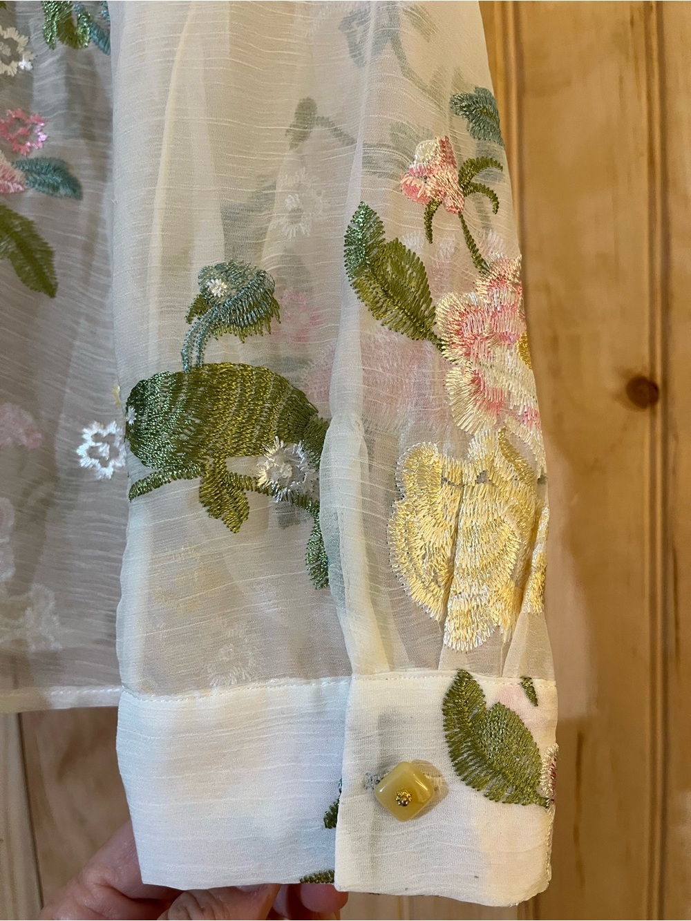 Sheer Embroidered Button-Up Blouse in Multicolor Floral - Picture 4 of 8